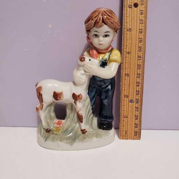 Farmer Country Boy w/ Sheep Lamb Porcelain Figurine  ( 6" × 3.5") - Picture 6 of 7
